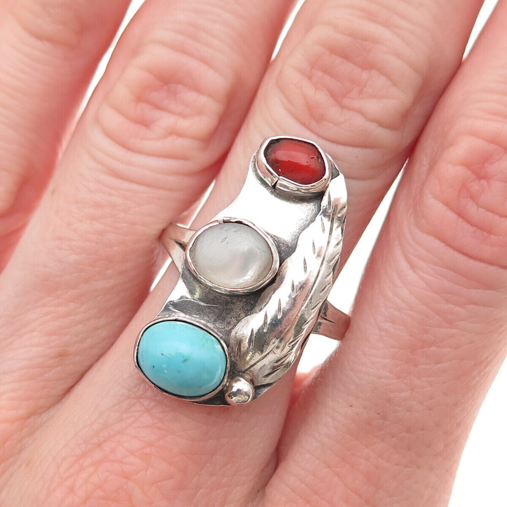 Old Pawn 925 Sterling Silver Vintage Turquoise Coral MOP Feather Ring Size 10.5